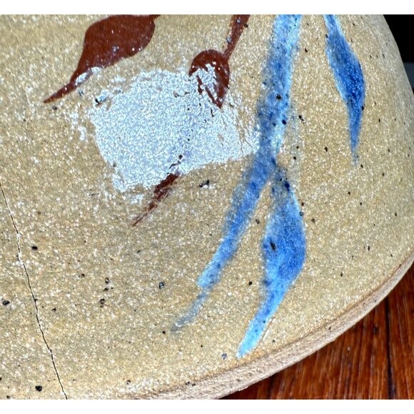 Stoneware pottery cheese butter dish w/ dome lid blue tan wheat leaf rustic - Picture 8 of 10